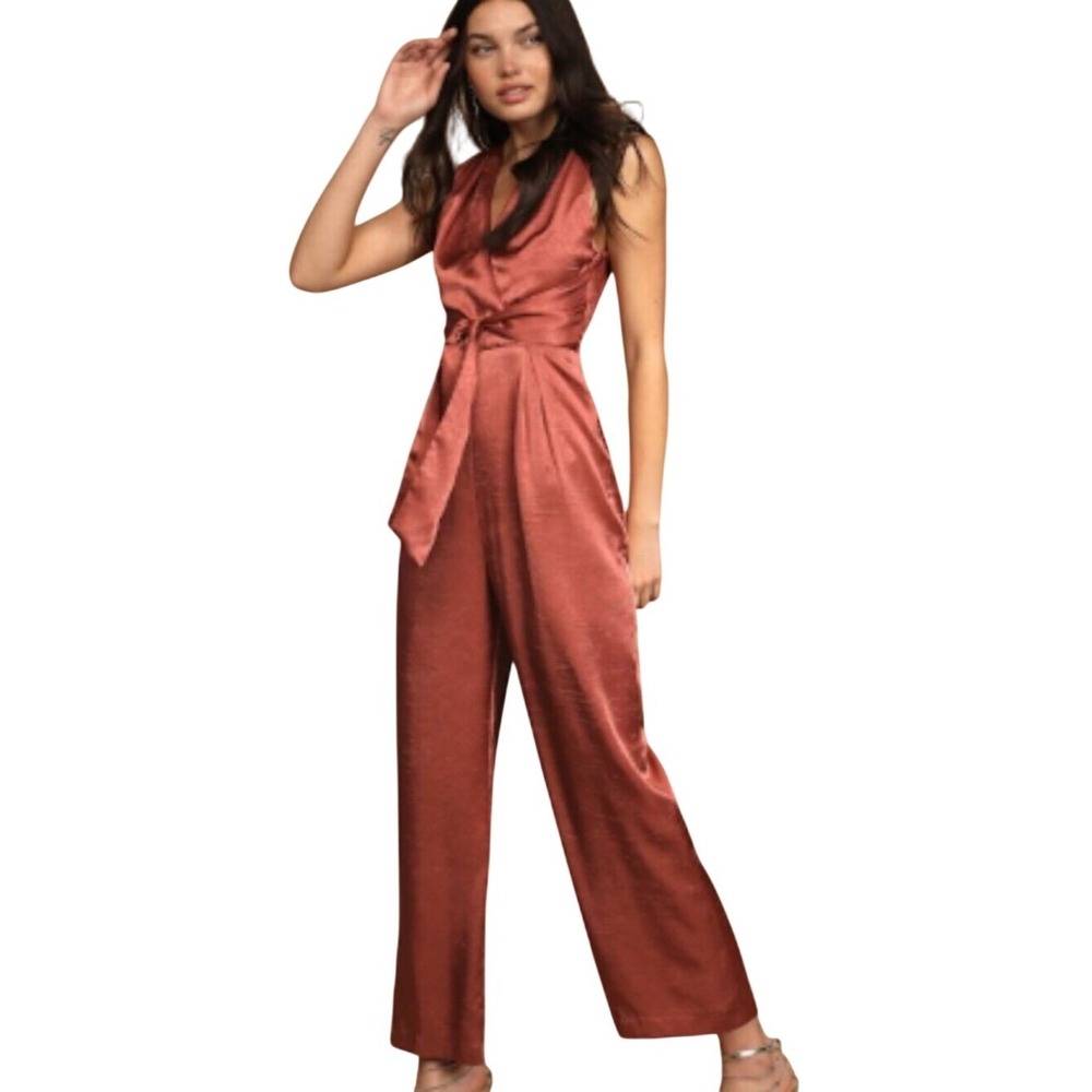 Lulus Rusty Rose Crinkle Satin Tie Front Jumpsuit Size‎ Medium Fully Lined